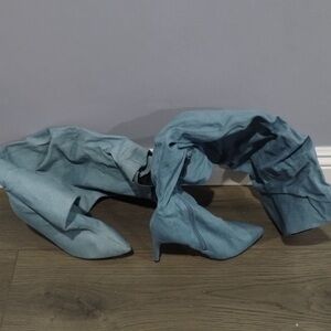 Light wash denim over the knee, pointed toe  boot with skinny heel size 6